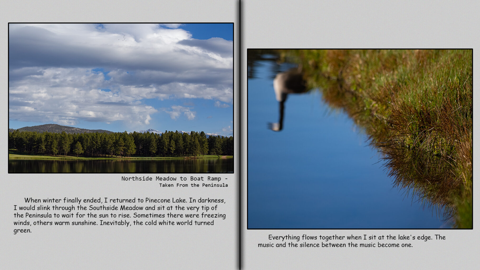 Everything flows together when I sit at the lake's edge. The music and the silence between the music become one.